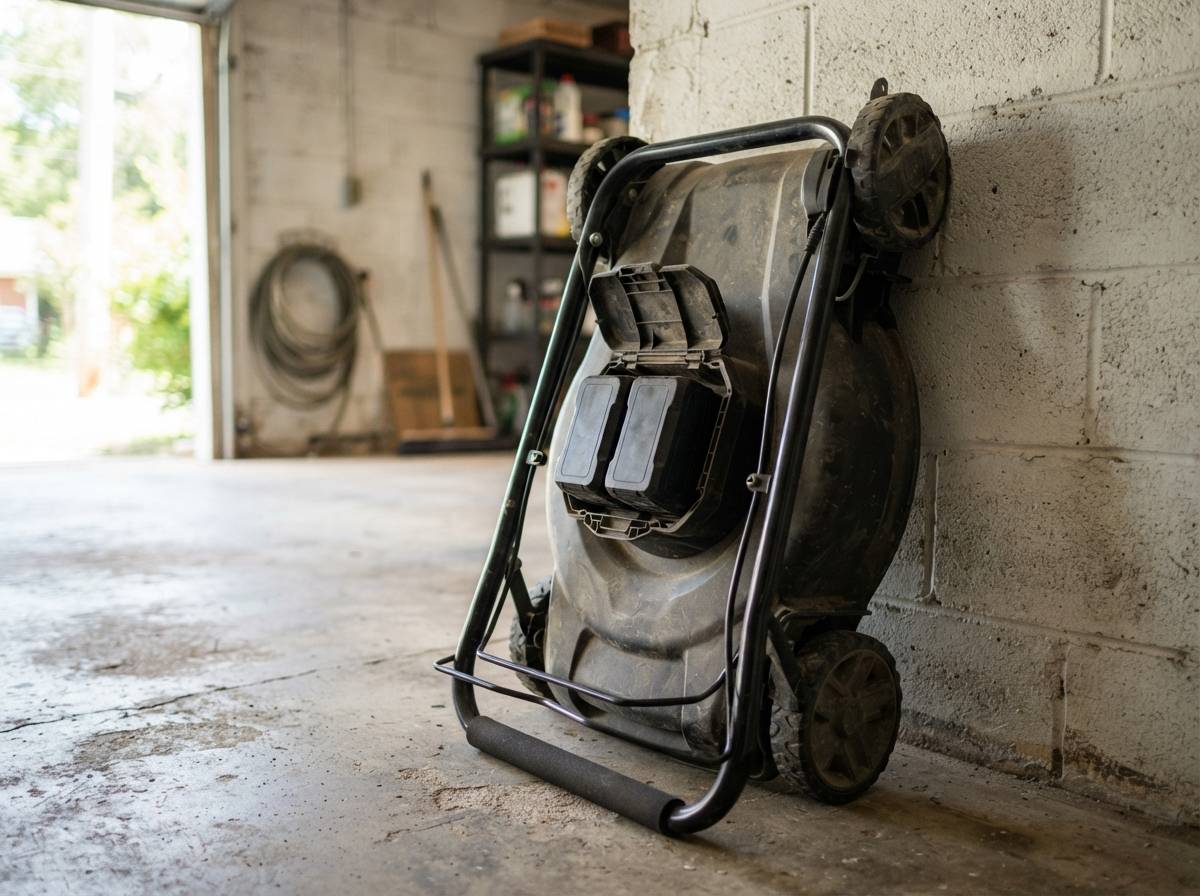 A cordless lawn mower folded upright for compact storage in a garage.