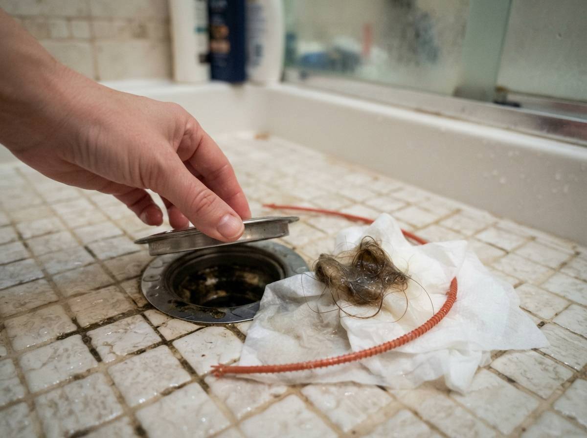A drain cover is lifted in a shower to show a cleaning brush and removed hair clog nearby.