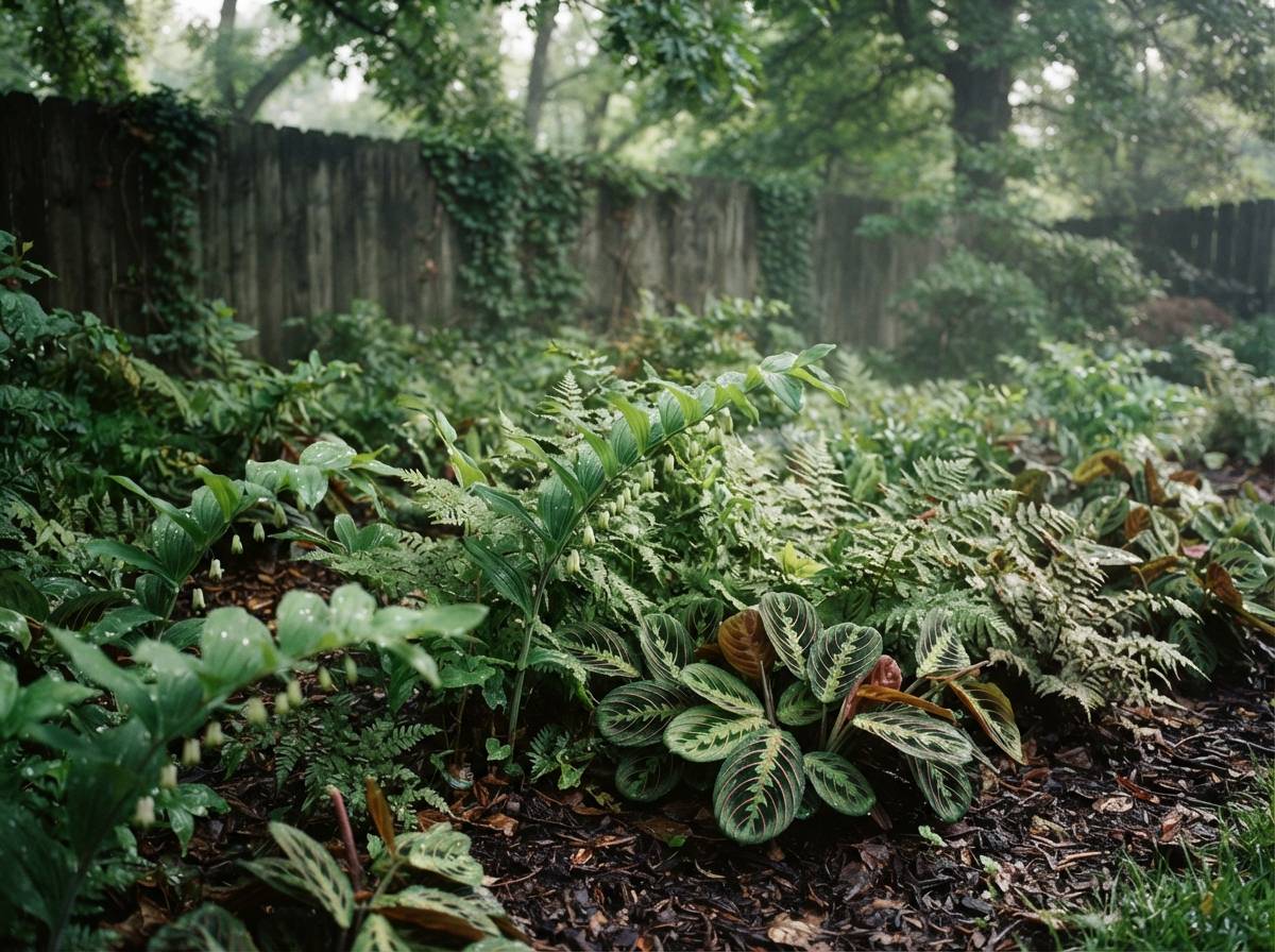 A gardener plants a shade tolerant perennial into a garden bed beneath the shade of nearby trees.