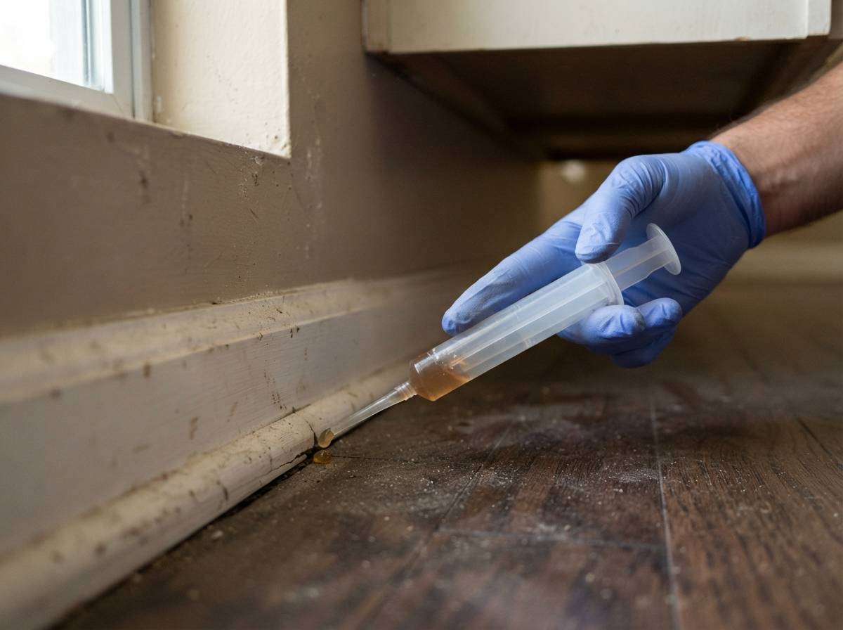 A gloved hand applies gel roach bait into a crack along a wooden baseboard.