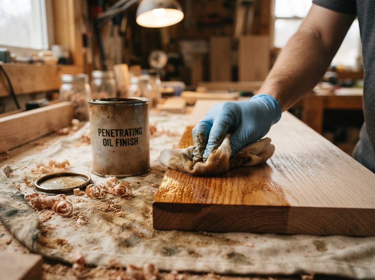 A gloved hand rubs penetrating oil sealer into raw hardwood grain with a cloth.