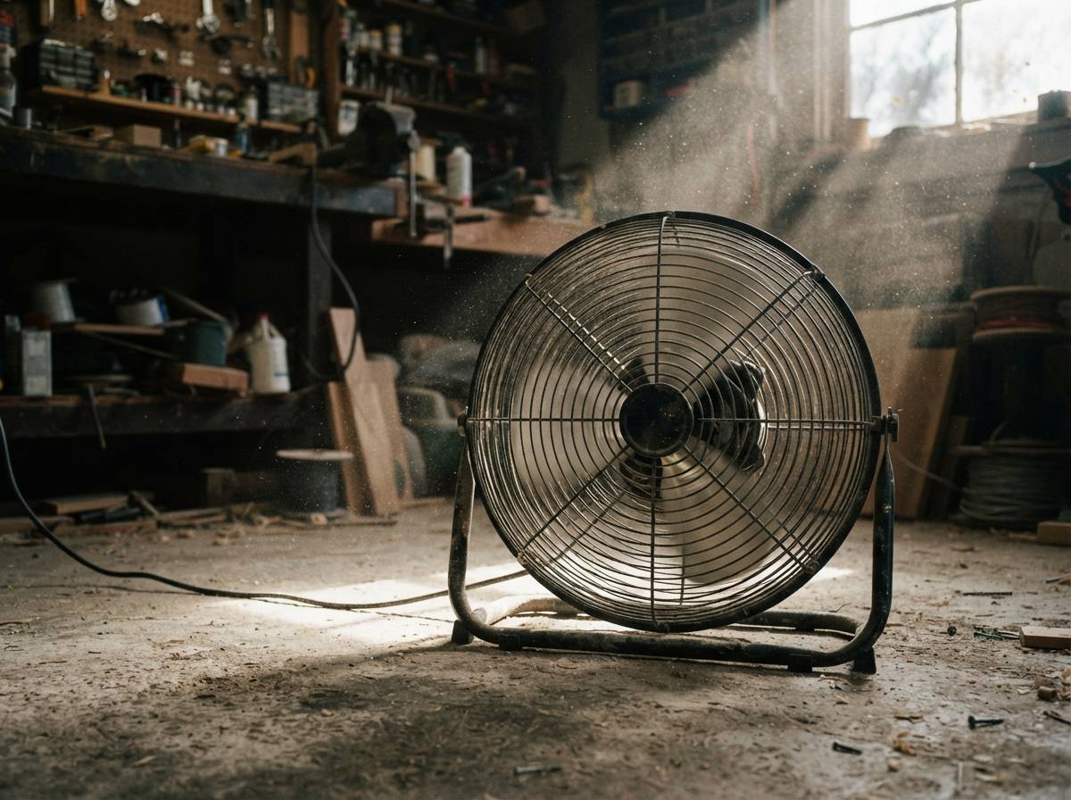 A high velocity floor fan running near a workbench in a home workshop with tools scattered nearby.