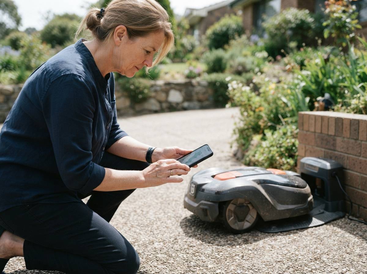 A homeowner checks a smartphone app next to a robotic lawn mower parked near its charging dock.