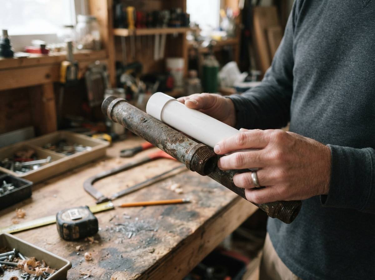 A homeowner compares a new white PVC pipe against an old corroded galvanized steel pipe on a workbench.