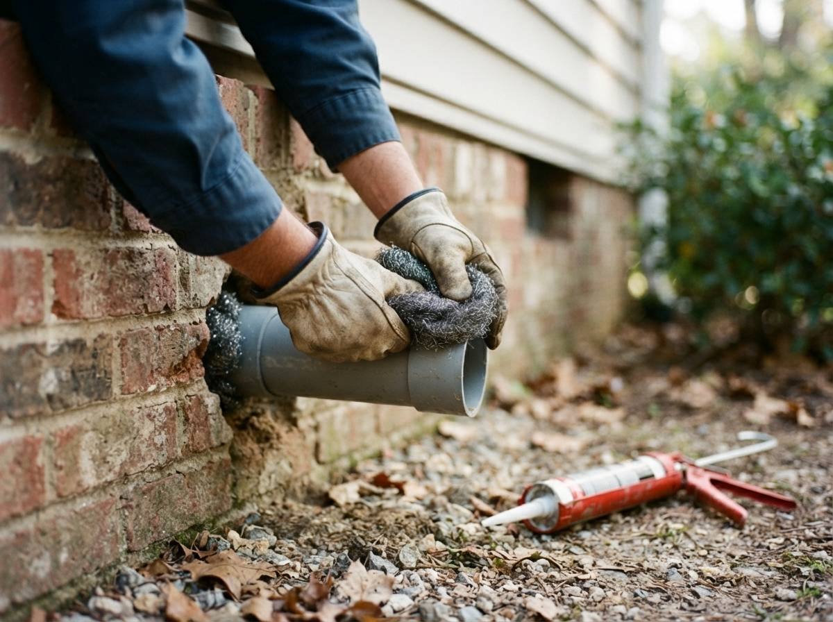 A homeowner packs steel wool into a foundation gap around a pipe before sealing it with caulk.