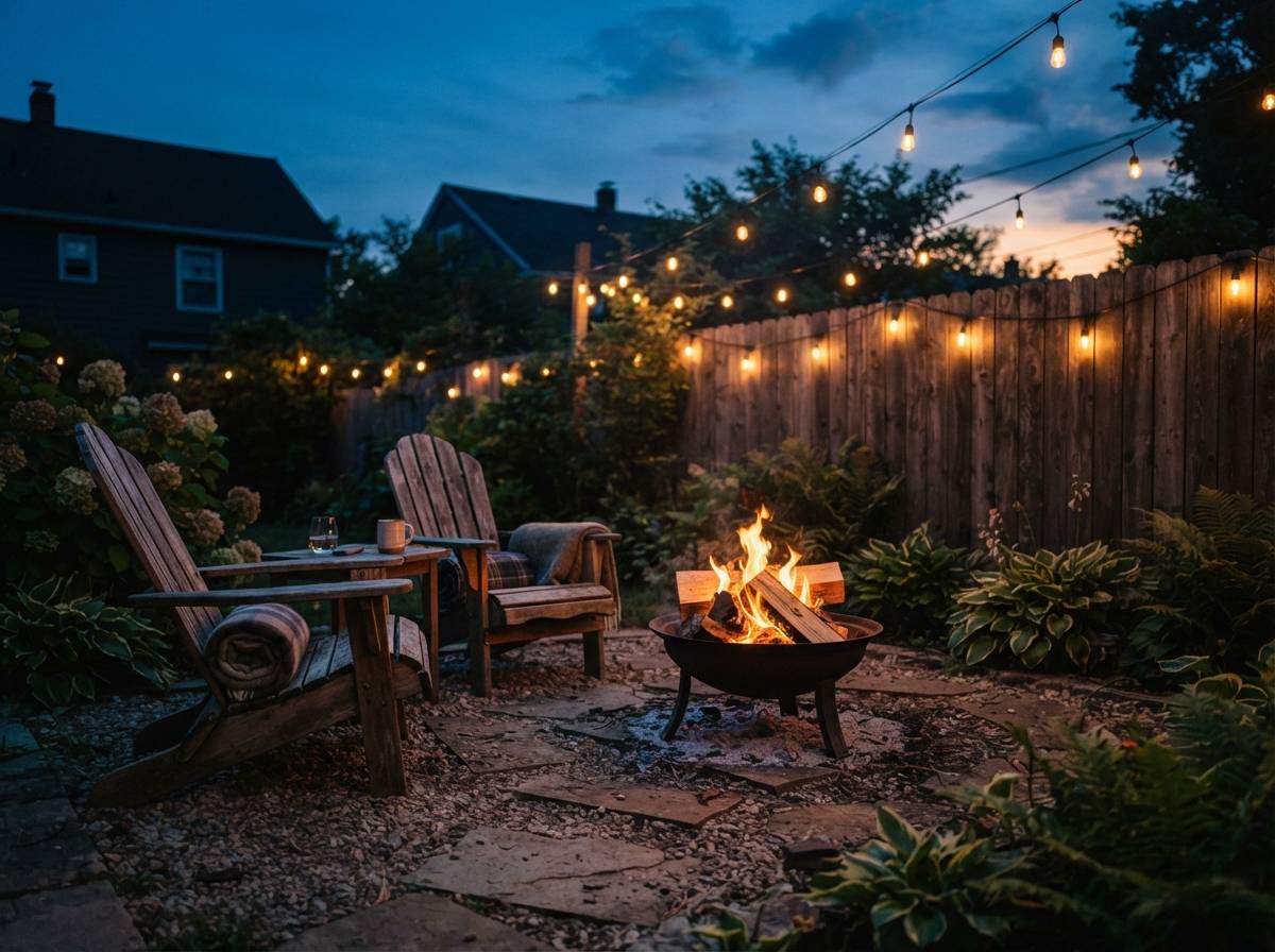 A lit fire pit surrounded by patio chairs in a backyard at dusk with string lights overhead.