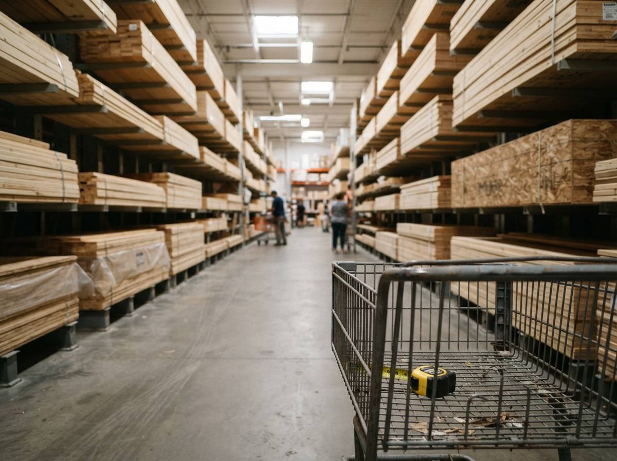 A long store aisle lined with stacked lumber and plywood sheets.