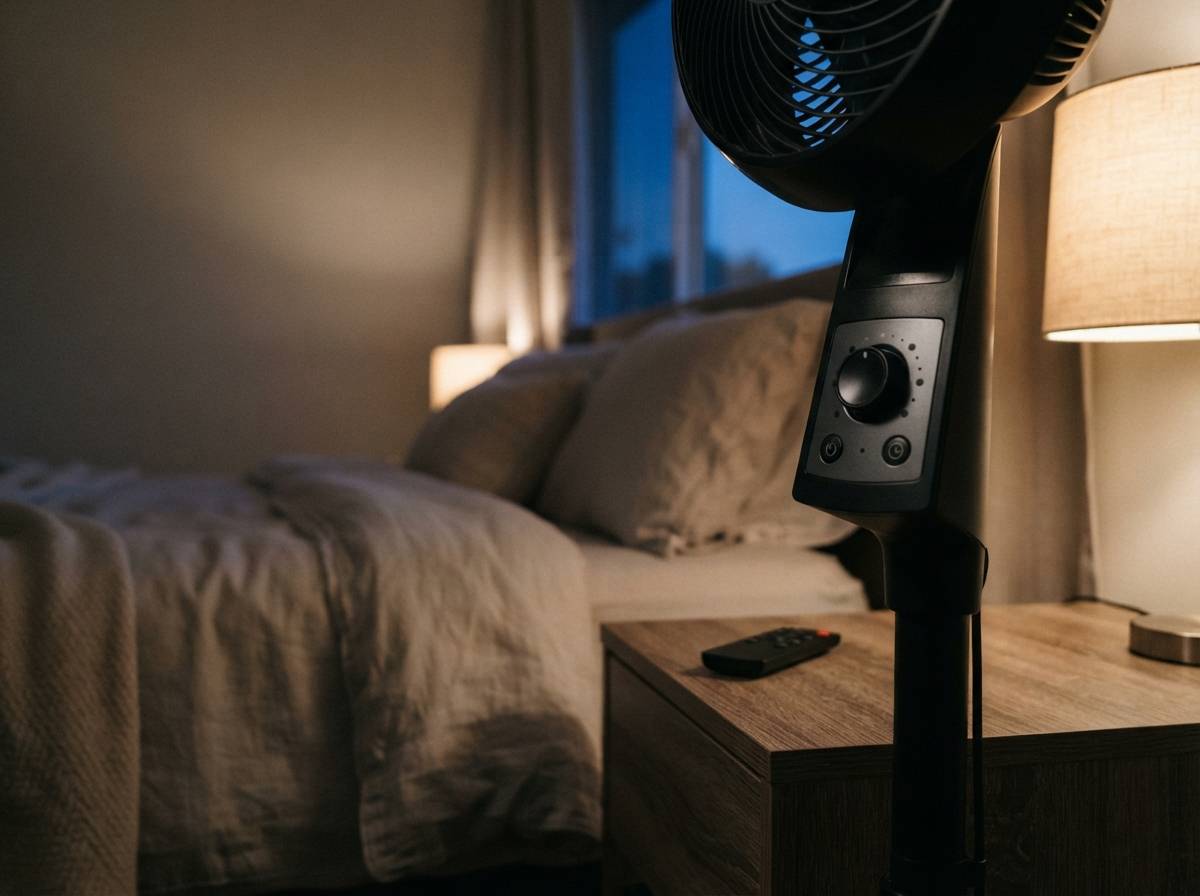 A pedestal fan with a remote control sitting on a nightstand in a dimly lit bedroom.