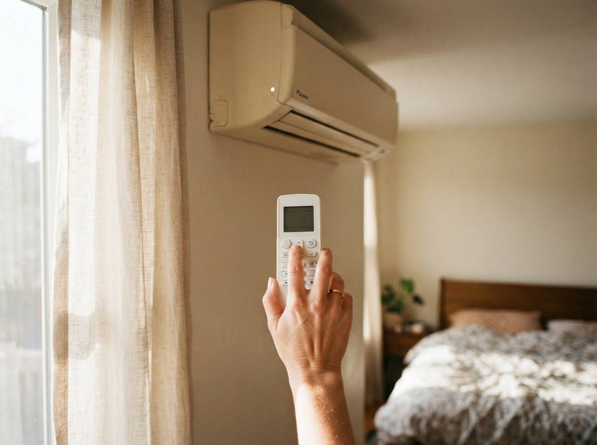 A person adjusting the louvers on a through the wall air conditioner installed in a home's interior wall.