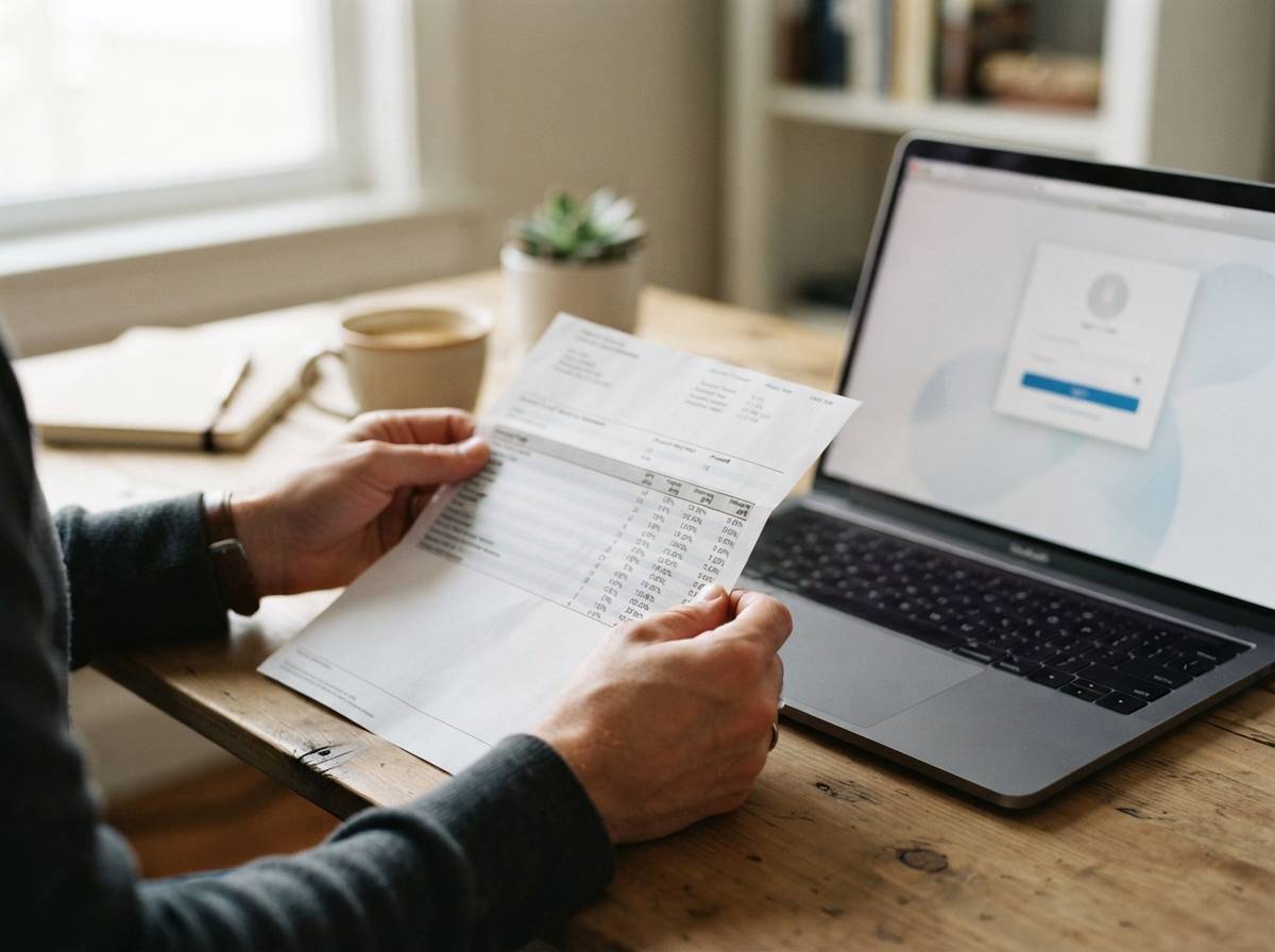 A person examines a printed credit card statement beside a laptop at a home desk.