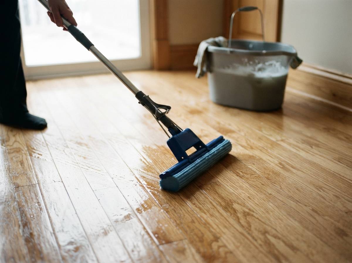 A person mopping a hardwood floor with a microfiber flat mop in a sunlit room.