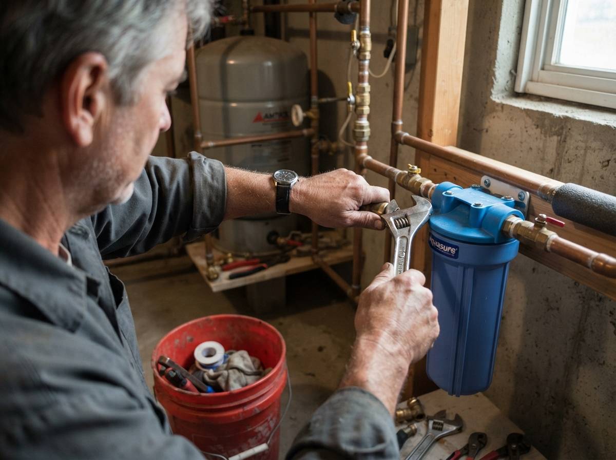 A plumber tightens a fitting while installing a well water filtration system.