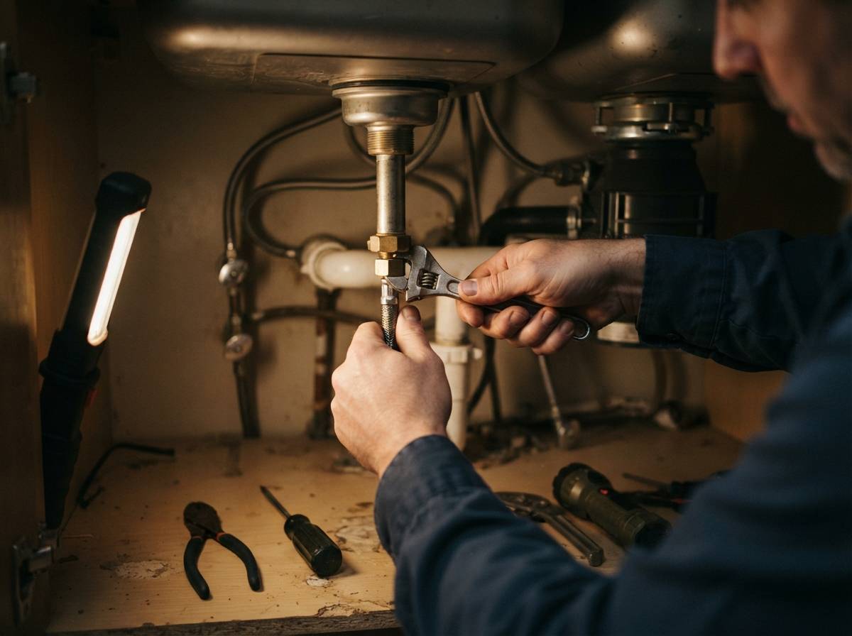 A plumber works underneath a kitchen sink to connect water supply lines to a new faucet.