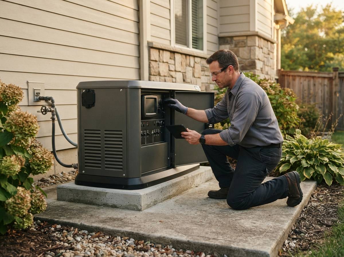 A residential standby generator installed on a concrete pad next to a house.