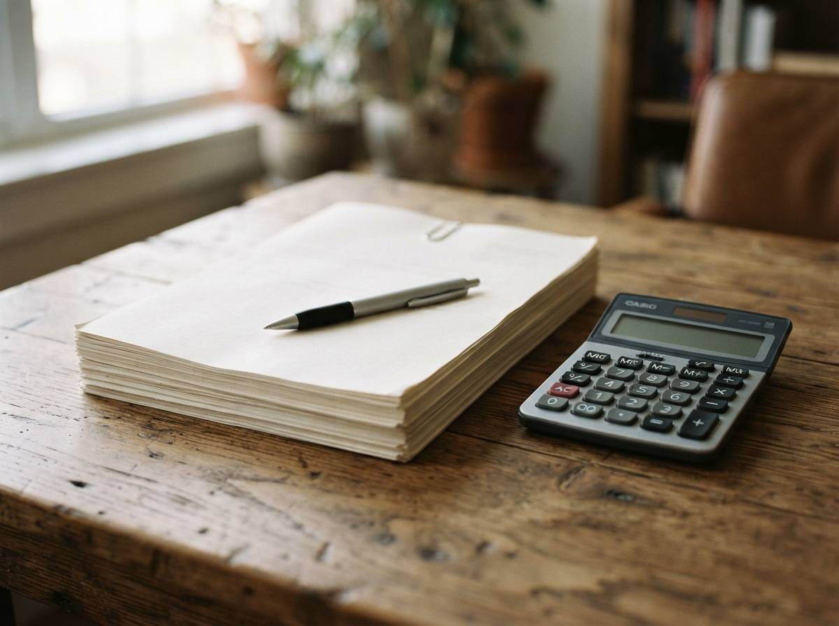 A stack of mortgage documents and a calculator sit on a desk in natural light.