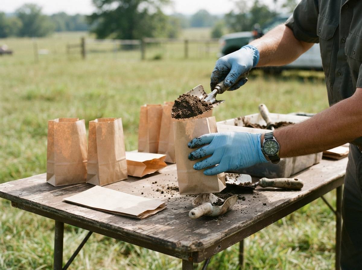 A technician packs a soil sample into a labeled paper bag at an outdoor extension office table.