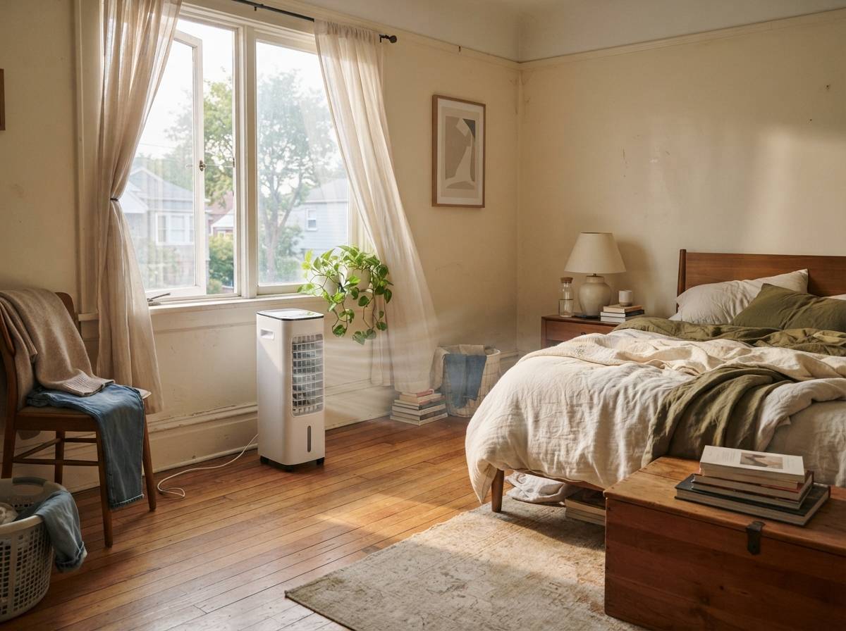A tower style evaporative air cooler runs beside an open bedroom window in soft morning light.