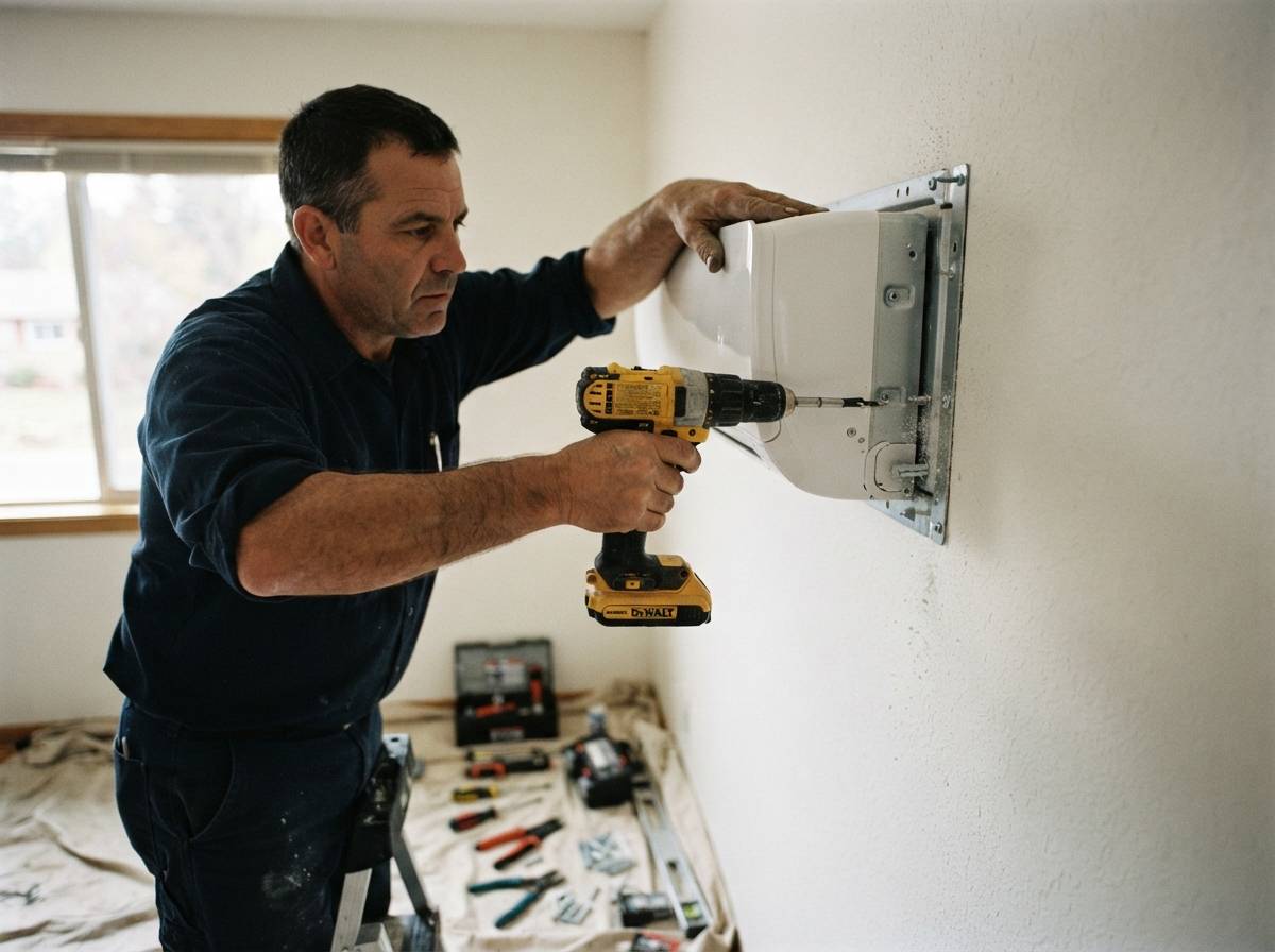 A wall mounted mini split air conditioning unit operating in a bright living room.
