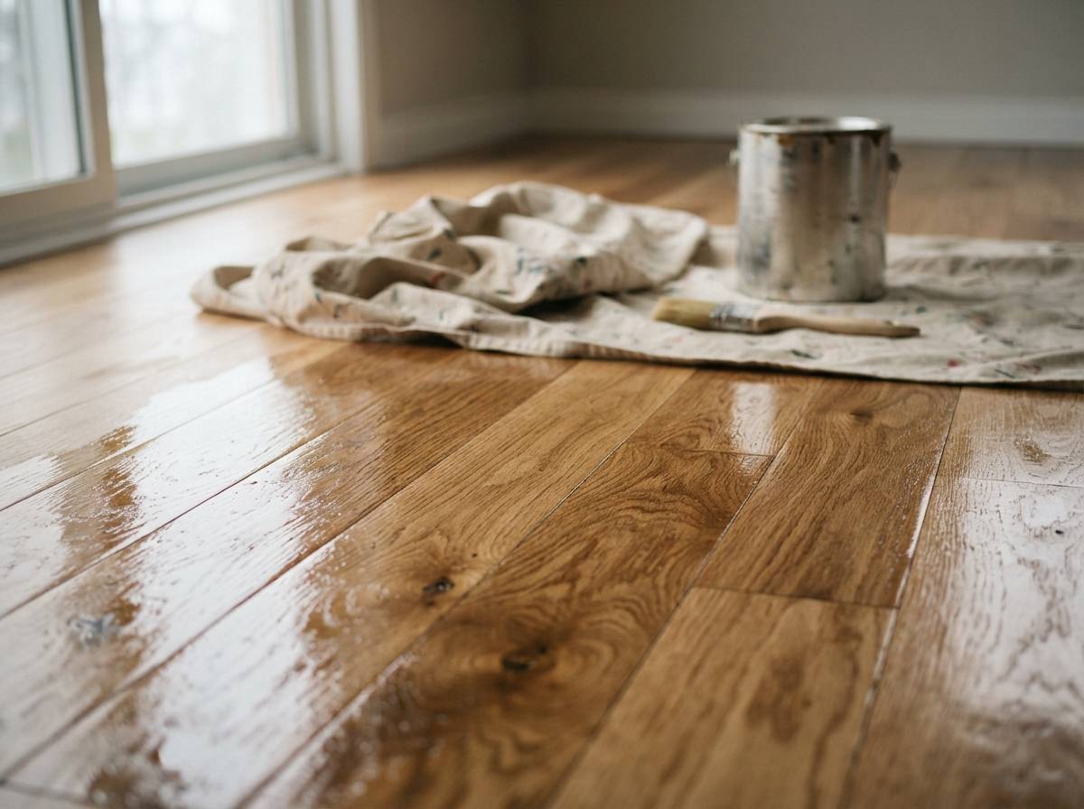 Close up of a freshly finished wood floor section drying with visible sheen and grain.
