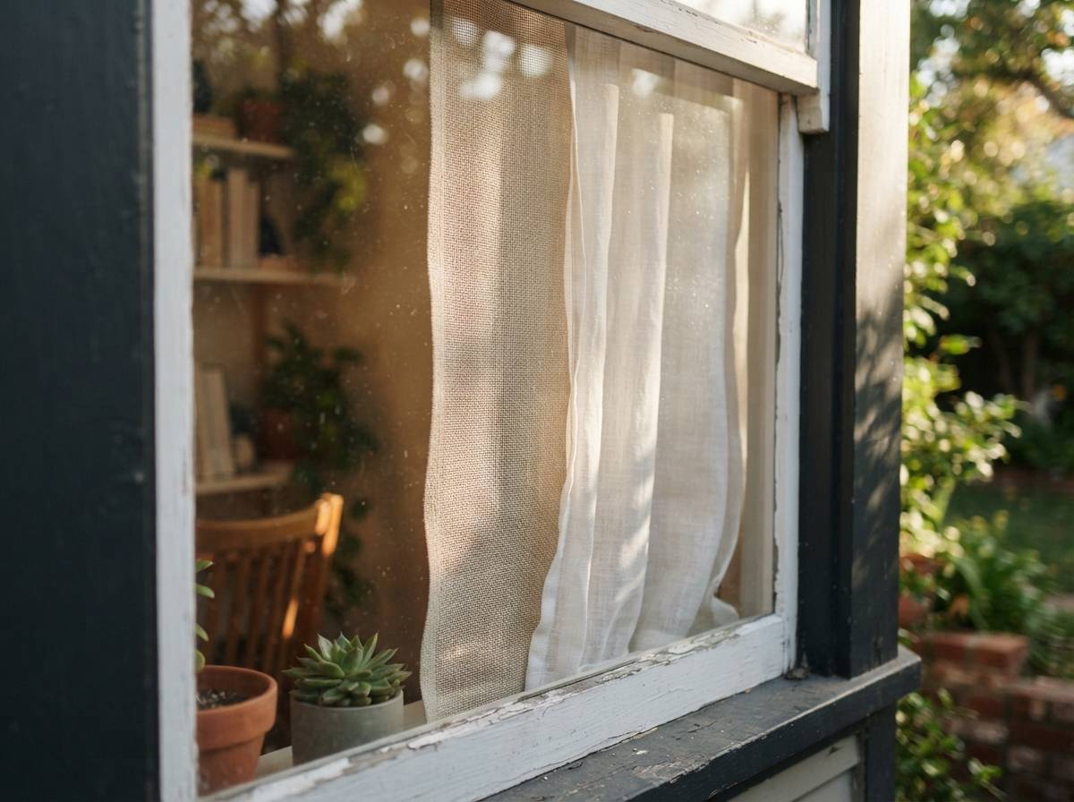 Close up of a solar shade fabric filtering sunlight while preserving a view of trees outside.