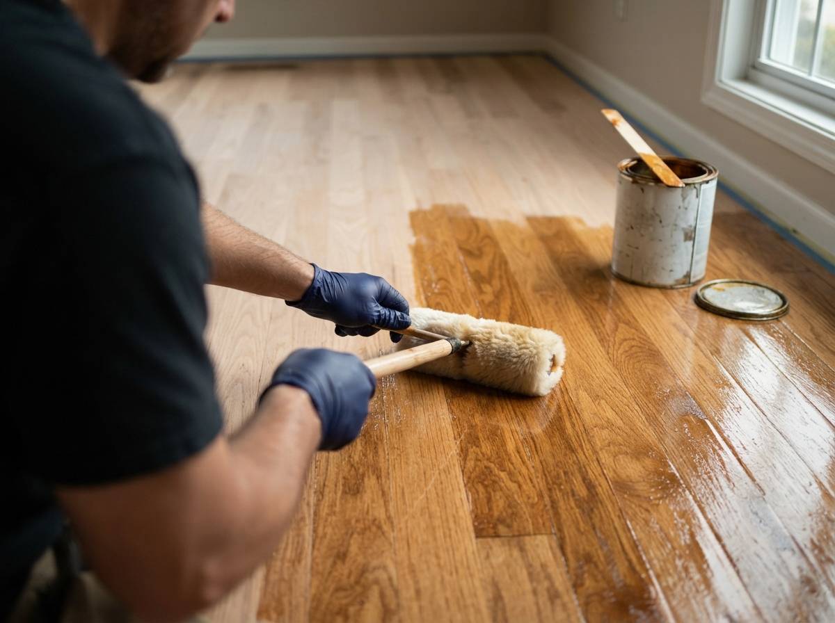 Close up of gloved hands applying polyurethane finish to oak flooring with a lambswool applicator.
