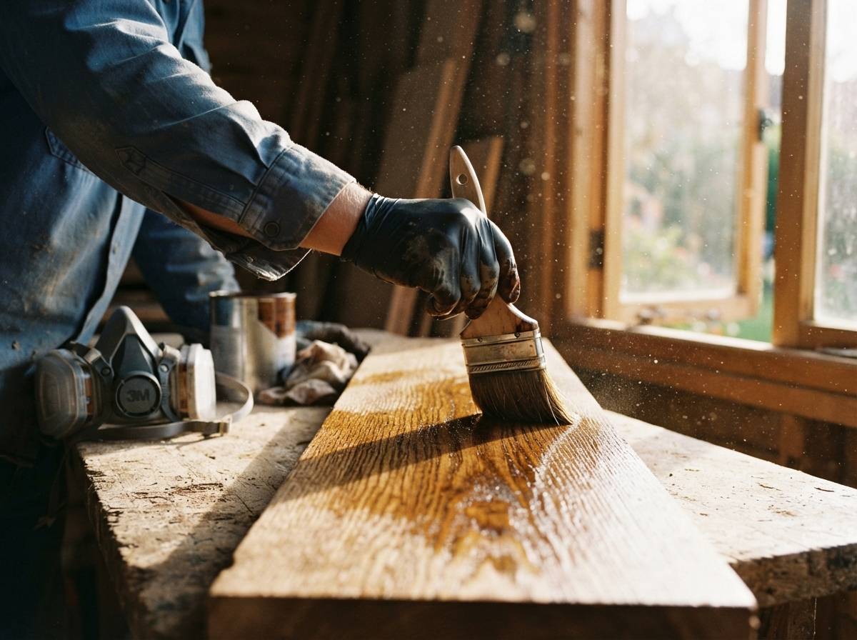 Close up of gloved hands brushing wood floor finish onto a plank with a respirator visible nearby.