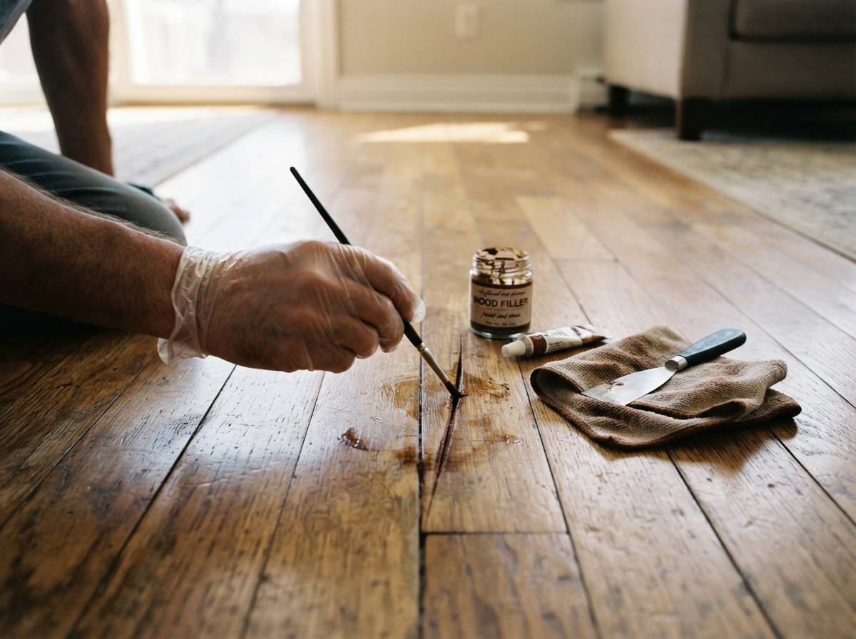 Close up of hands buffing a hardwood floor scratch with a soft cloth.