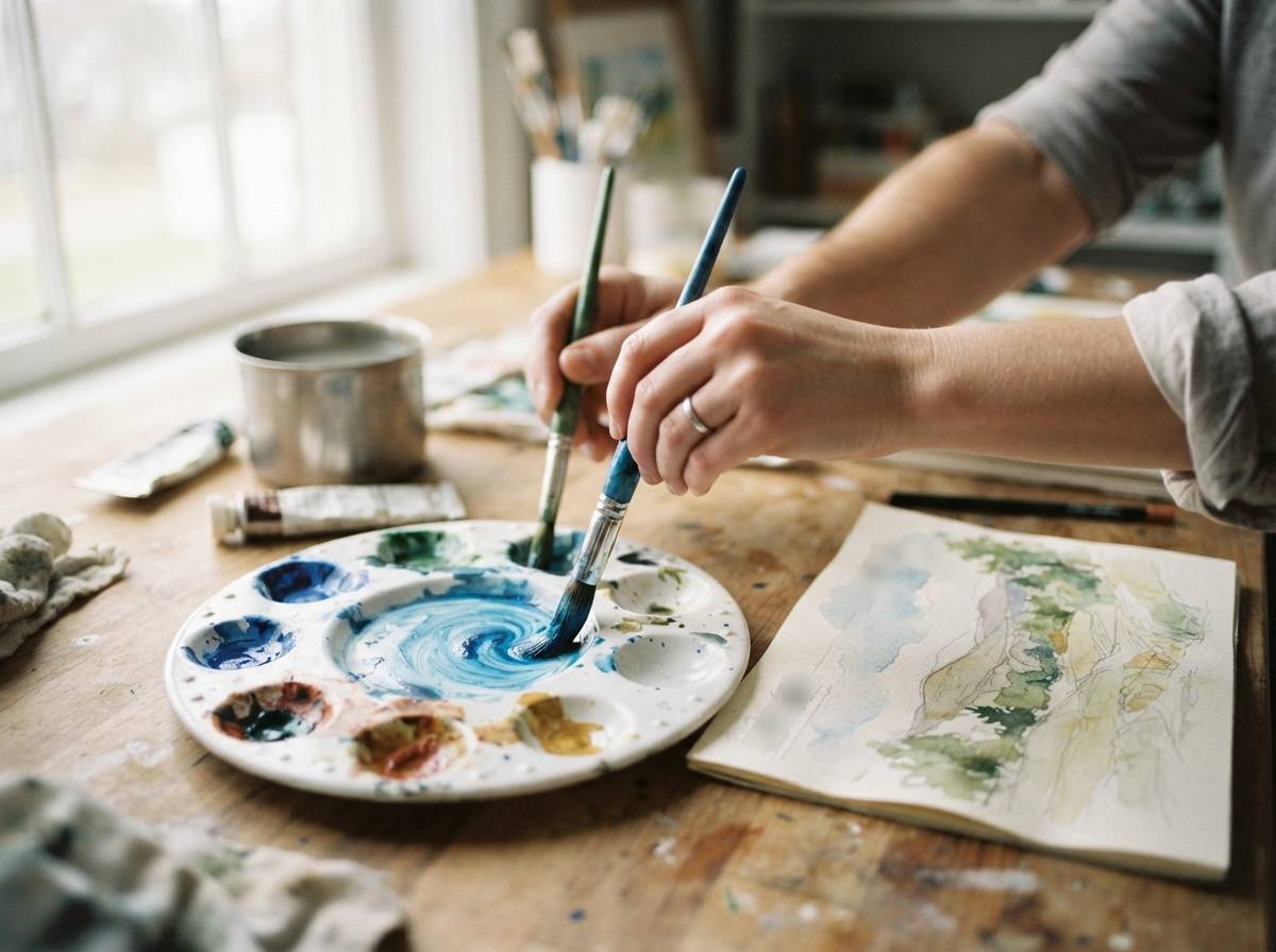Close up of hands mixing watercolor paint during an art club session.