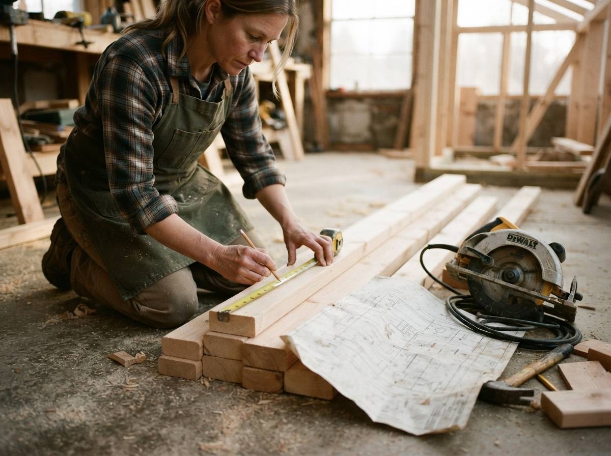 Close up of hands using a drill to assemble a wooden greenhouse frame joint.