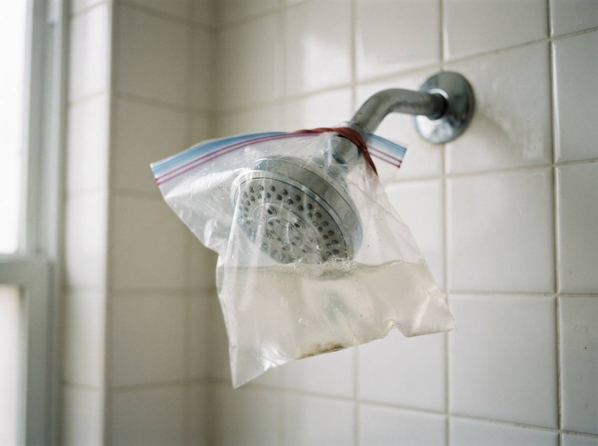 Close up of hands using a toothbrush to scrub mineral deposits from the nozzles of a chrome shower head.