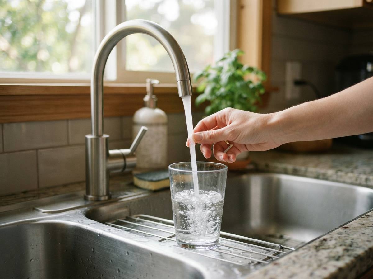 Close up of water filter cartridges and tubing installed under a kitchen sink.