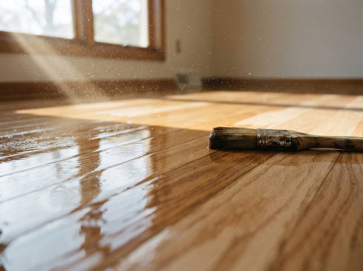 Close up of wet polyurethane coating on freshly sanded oak floorboards with a brush resting beside it.