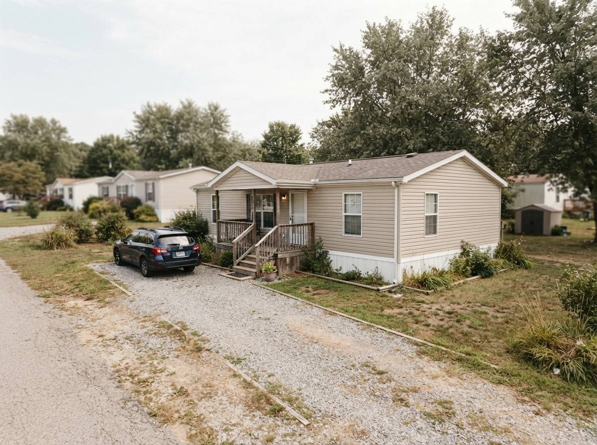 Exterior view of a manufactured home on leased land in a residential park.