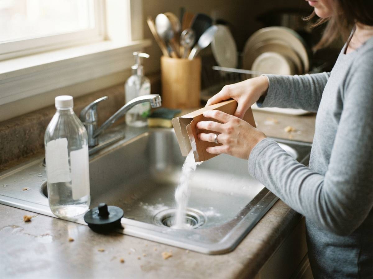 Hands pour baking soda into a sink drain next to a bottle of white vinegar on the counter.