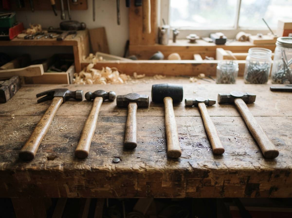 Several different types of hammers, including a ball peen hammer and a rubber mallet, rest on a wooden workbench.