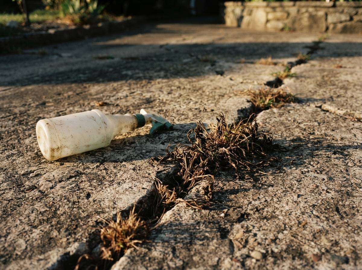 Wilted brown weeds in a driveway crack next to a spray bottle after a homemade weed killer treatment.